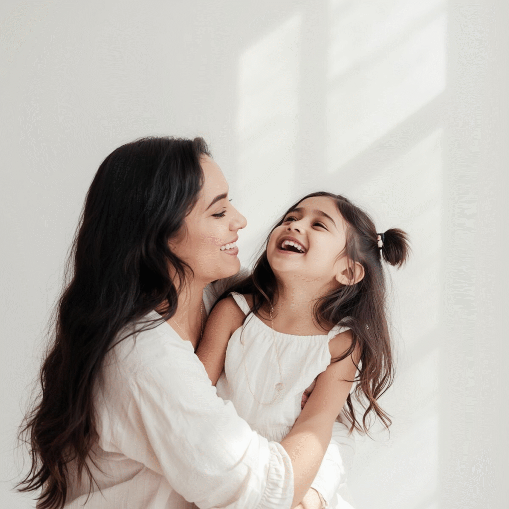 mother with daughter laughing; emotional support for new moms